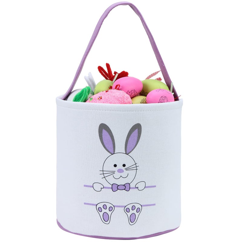XinblueCo Easter Bunny Basket Egg Bags for Kids,Canvas Cotton Personalized Candy Egg Basket Rabbit Print Buckets with Fluffy Tail Gifts Bags for Easterâ€¦â€¦ - Image 1